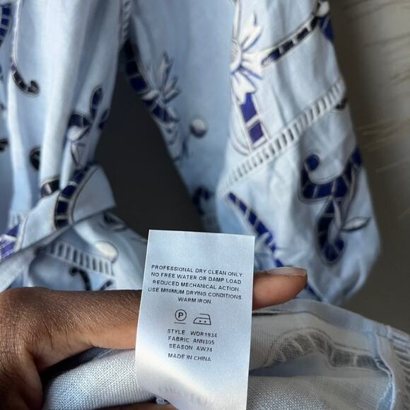 Oroton Dress Linen Lace Flower Smock Blue Floral Print Tie Neck Mini Dress 8 - Picture 10 of 10